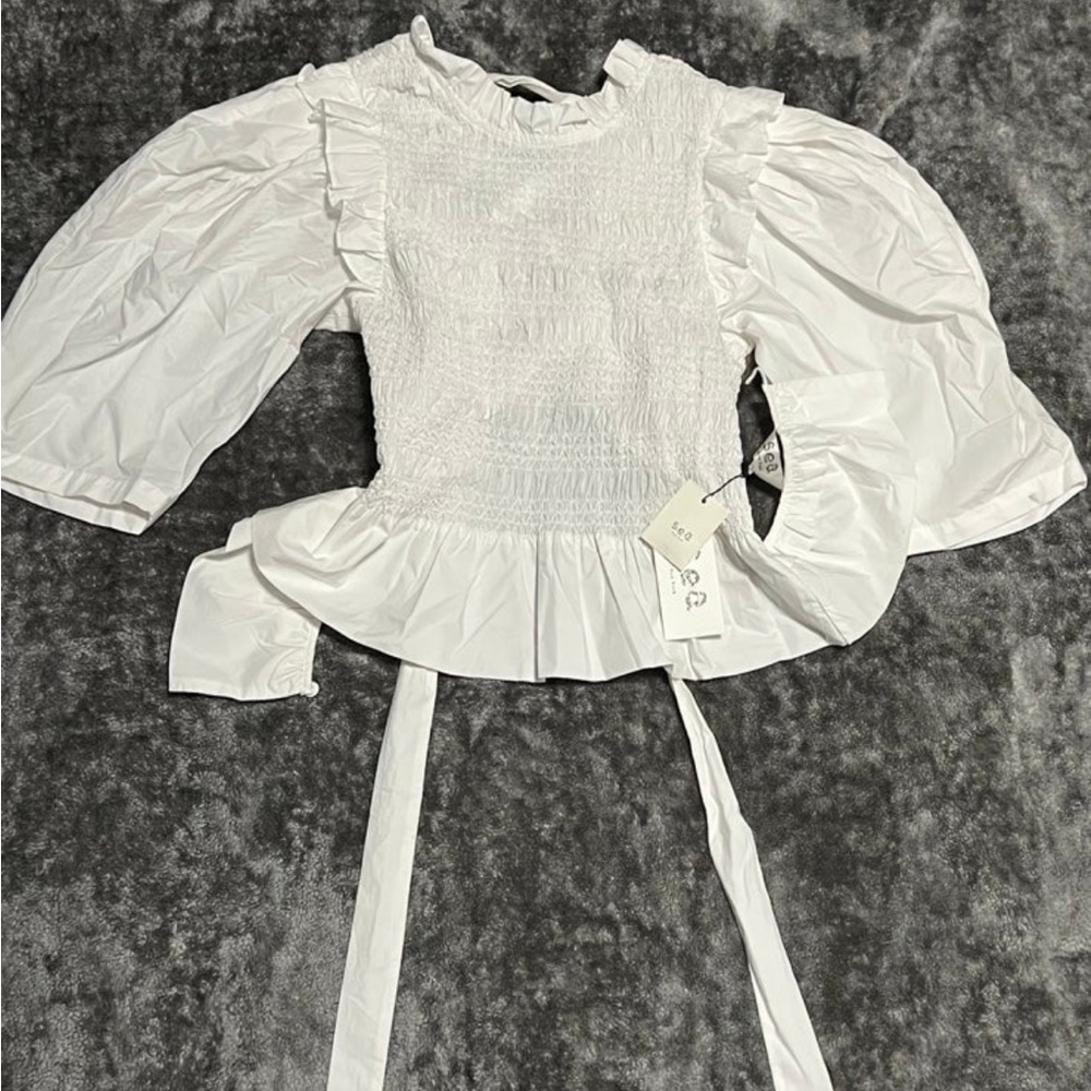Sea New York White Smocked Peplum Puff Sleeve Blouse